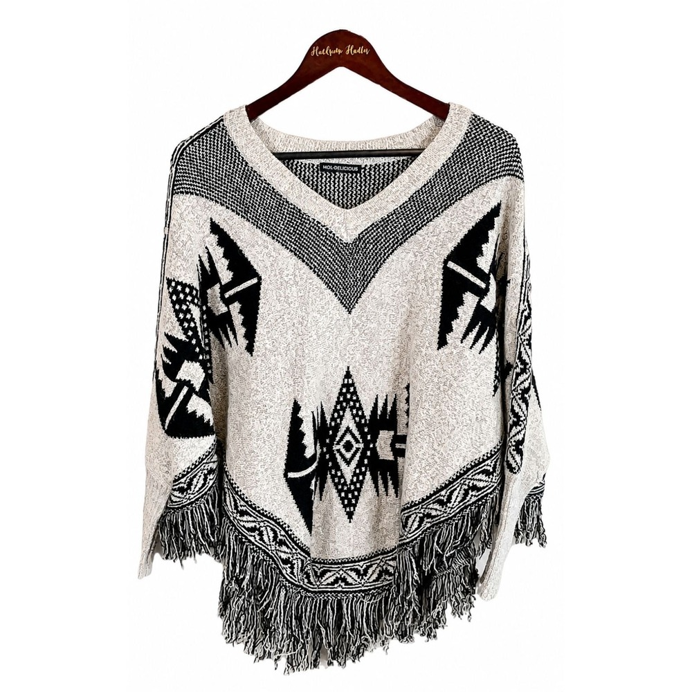 Hot And Delicious Women Cream Black OS Poncho Aztec Sweater Southwestern Fringe